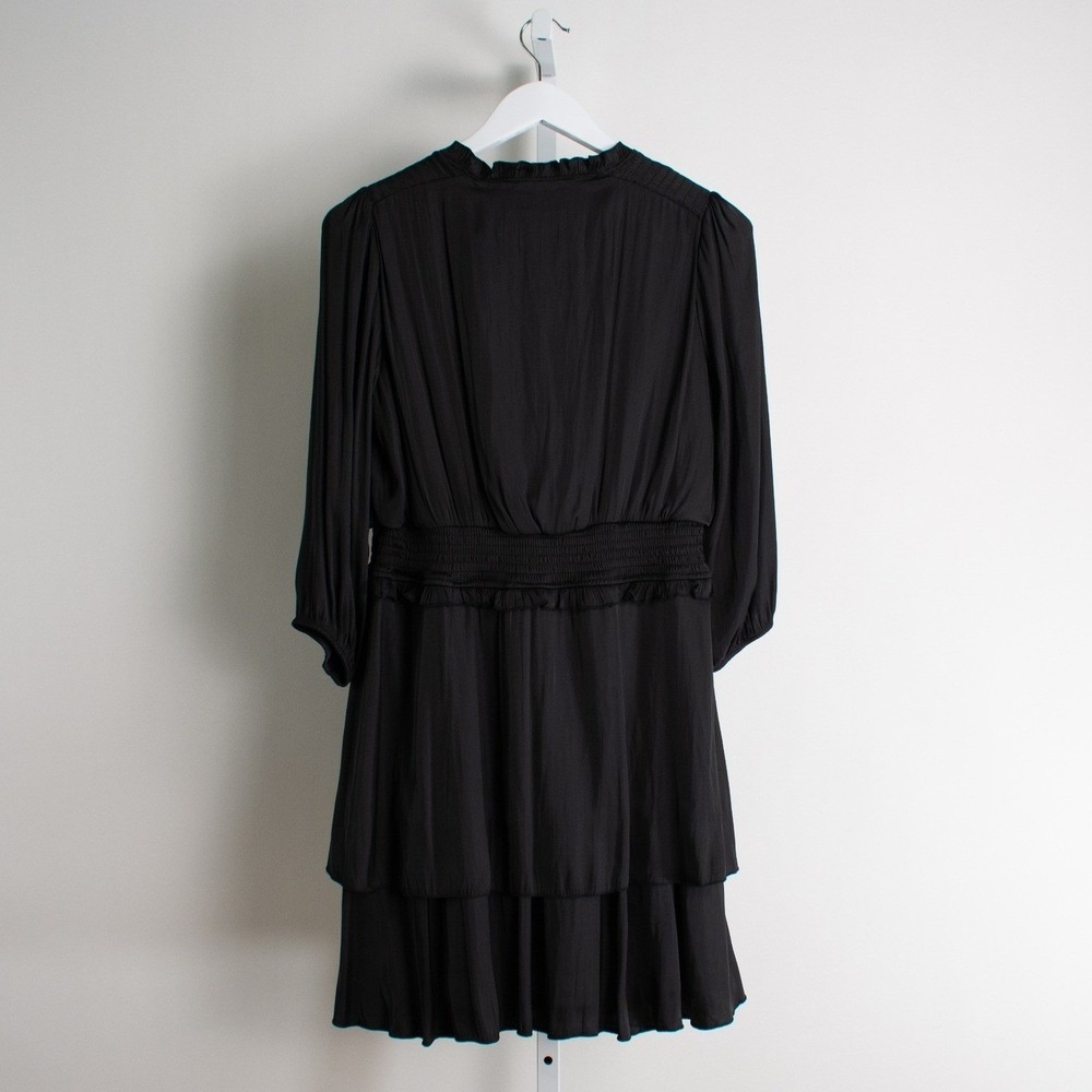 Sam Edelman Black Tiered Mini Dress Smocked Waist V Neck Women's Medium M - Picture 2 of 9
